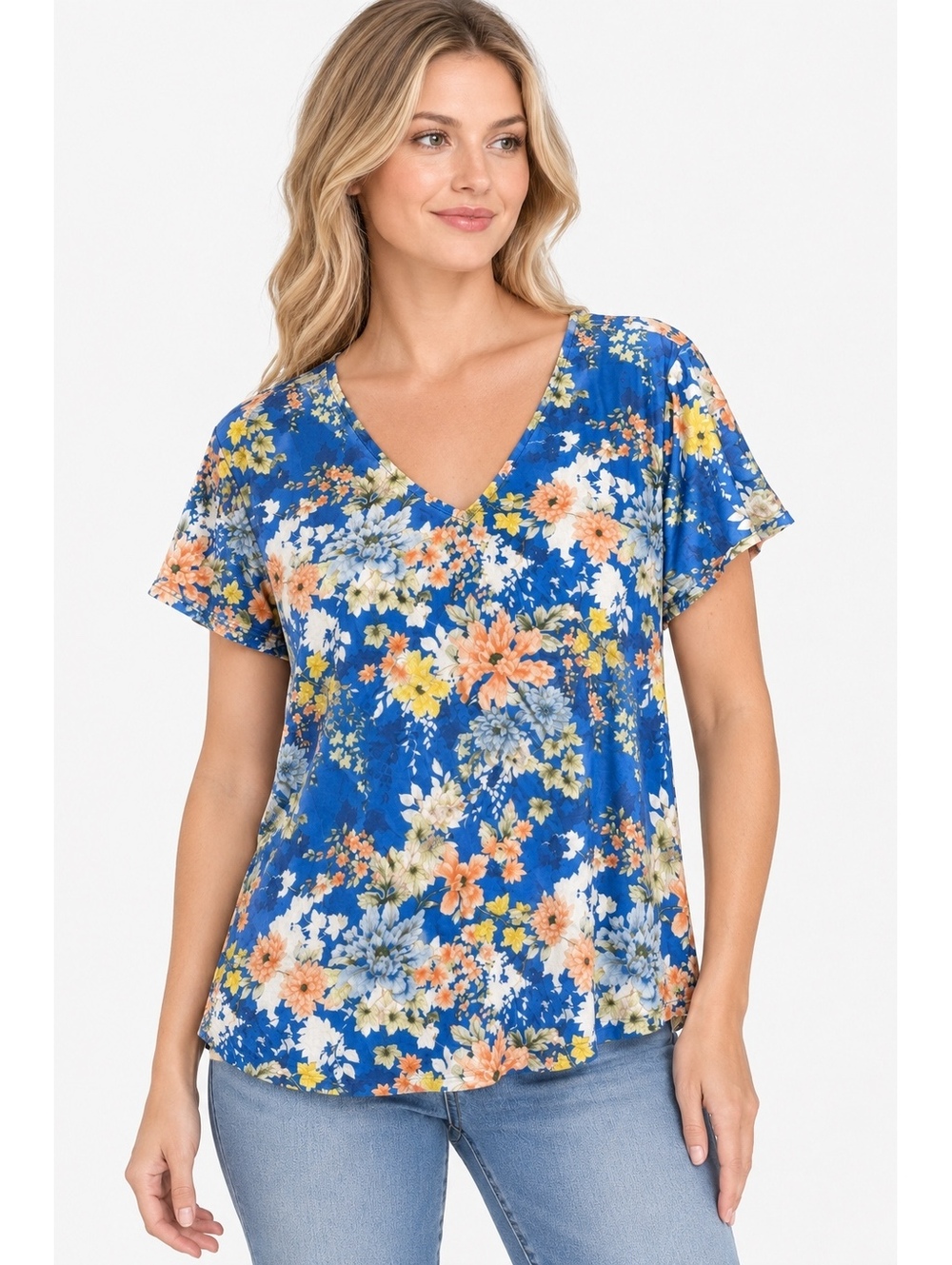 Vassalli Women’s Size 12 Blue Floral Rayon VNeck Tunic Top Cottagecore Boho Fall